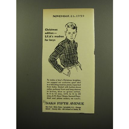 1959 Saks Fifth Avenue Fashion Ad - Christmas edition - S.F.A's madras for boys