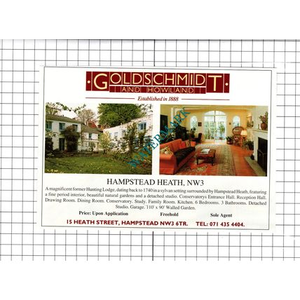 Hampstead Heath London NW3 Hunting Lodge House Sale Advert - 1991 Clipping