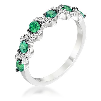 18Ct Rhodium and Hematite Plated S Shape Emerald Green and Clear CZ Half Ete...