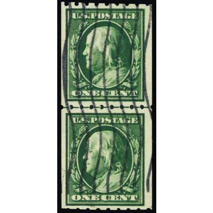 390, Used 1¢ Coil Line Pair - SCV $125.00 - Stuart Katz