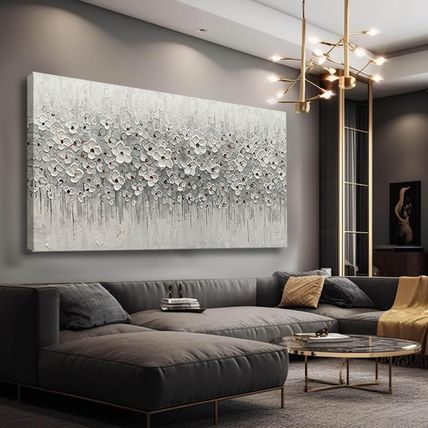 Large Canvas Wall Art for Living Room White Flowers Picture Hand-Painted Oil Pai