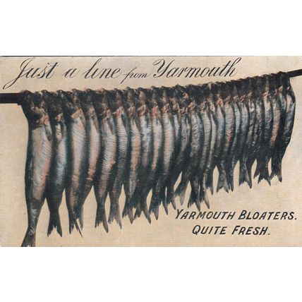 EC746 JUST A LINE FROM YARMOUTH. YARMOUTH BLOATERS QUITE FRESH. PRINTED POSTCARD