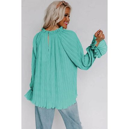 Green Striking Pleated Flared Cuff Long Sleeve Blouse