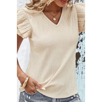 Apricot Crinkle Textured V Neck Flutter Sleeve Top