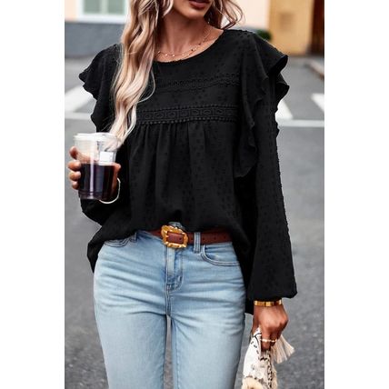 Black Lace Eyelet Ruffle Shoulder Long Sleeve Blouse