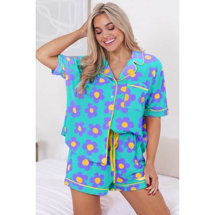 Green Flower Print Short Sleeve Shirt Pajamas Set