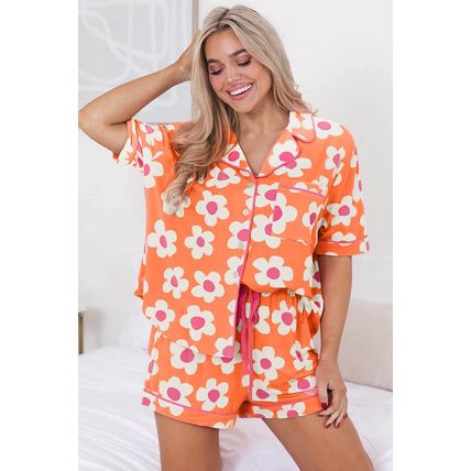 Orange Flower Print Short Sleeve Shirt Pajamas Set