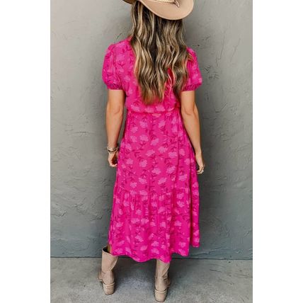 Rose Red Floral Print Pleated Drawstring Flowy Midi Dress