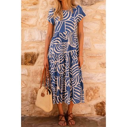 Sky Blue Boho Printed Short Sleeve Flare Tiered Dress