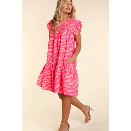 Pink Zebra Stripe Printed Ruffle Trim Pocketed Dress