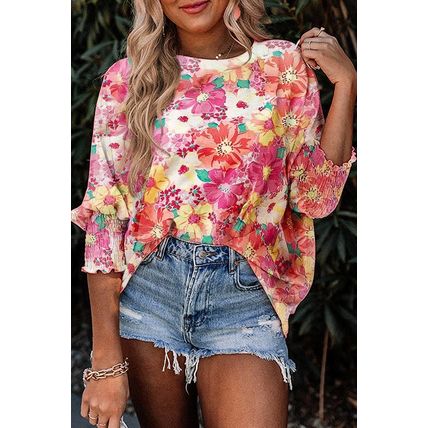Pink Shirred Cuffs 3/4 Sleeve Floral Blouse