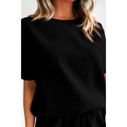 Black Casual Textured Tee and Drawstring Shorts Set