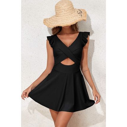 Black 2-tone Patchwork Crossed Cutout One Piece Swimdress