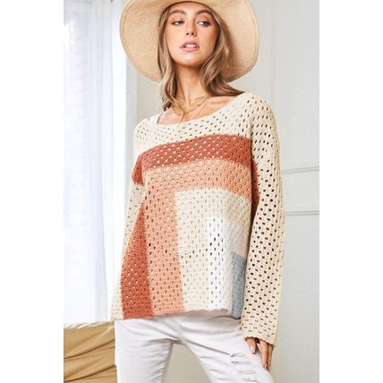 Apricot Pointelle Knit Colorblock Baggy Sweater