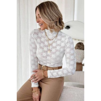 White Floral Lace High Neck Long Sleeve Top