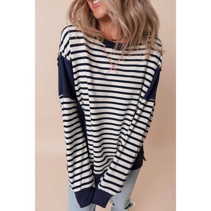 White Stripe Color Block Exposed Seam Loose Fit Sweatshirt