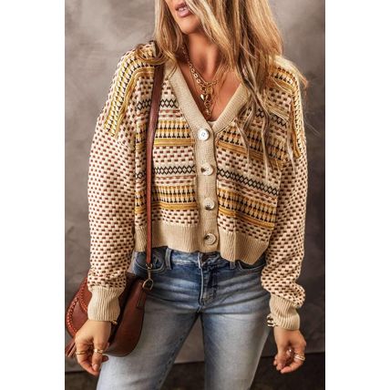 Khaki Buttoned V Neck Cropped Cardigan