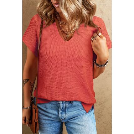 Flamingo Solid Textured Knitted Notch V Neck Sweater T Shirt