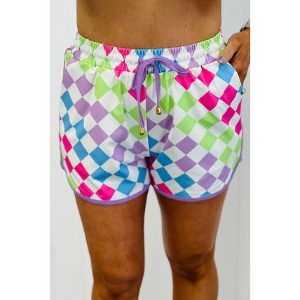 Multicolour Checkered Drawstring Elastic Waist Casual Shorts