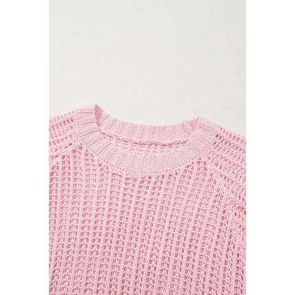 Pink Hollow-out Crochet Side Tied Short Sleeve Sweater