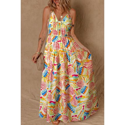 Orange Abstract Print Spaghetti Strap Piping Detail Maxi Dres