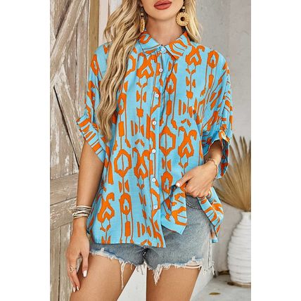 Sky Blue Abstract Print Dolman Short Sleeve Western Loose Shirt