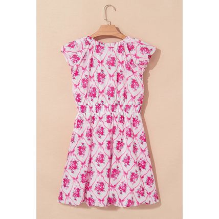 Multicolour Bow Lattice Floral Print V Neck Knot Decor Mini Dress