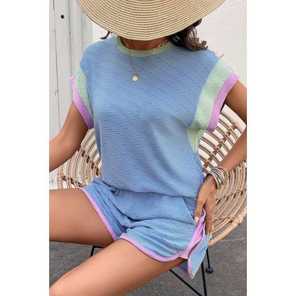 Beau Blue Corded Knit Contrast Trim Round Neck Cap Sleeve 2pcs Short Set