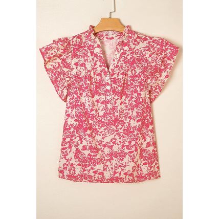 Rose Allover Printed Half Button Neck Ruffle Sleeve Blouse