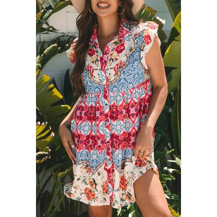 Rose Floral Mixed Pattern Ruffle Flutter Sleeve Buttoned Dress
