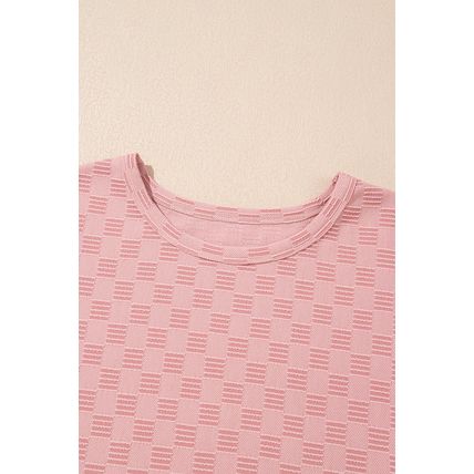 Apricot Pink Checkered Textured Round Neck T-shirt