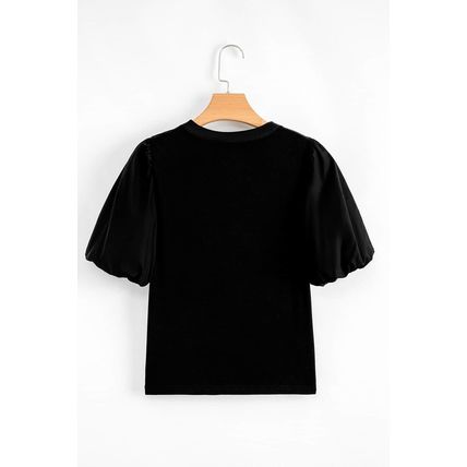 Black Ribbed Patchwork Puff Sleeve Half Button Placket Slim Fit Top