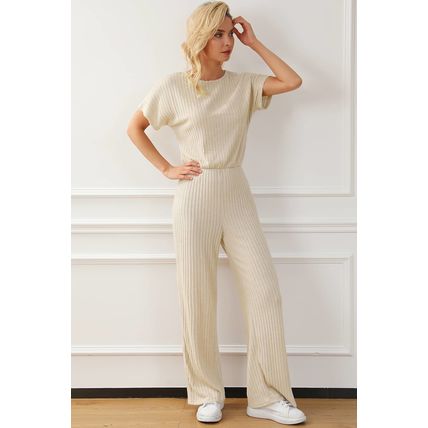 Oatmeal Ribbed Keyhole Short Sleeve Wide Leg Jumpsuit