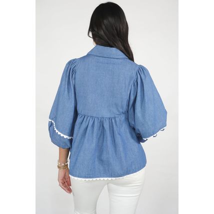 Dusk Blue Lace Ric Rac 3/4 Puff Sleeve Collared Babydoll Blouse