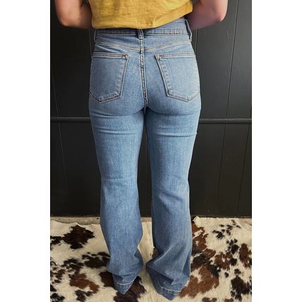 Dusk Blue 2 Button High Waist Piping Trim Bootcut Jeans