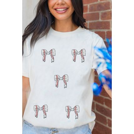 White Glitter Baseball Bow Patched Cotton Blend T Shirt