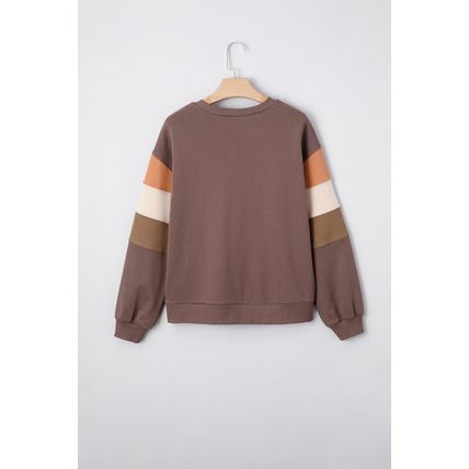Dark Khaki Color Block Drop Shoulder Pullover Casual Sweatshirt