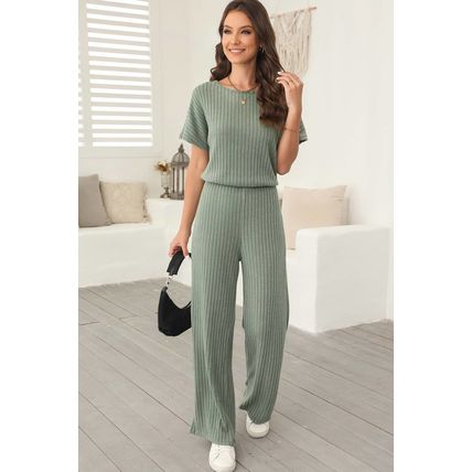 Laurel Green Ribbed Keyhole Short Sleeve Wide Leg Jumpsuit