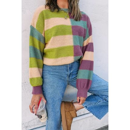 Green Stripe Drop Shoulder Ribbed Edge Casual Sweater