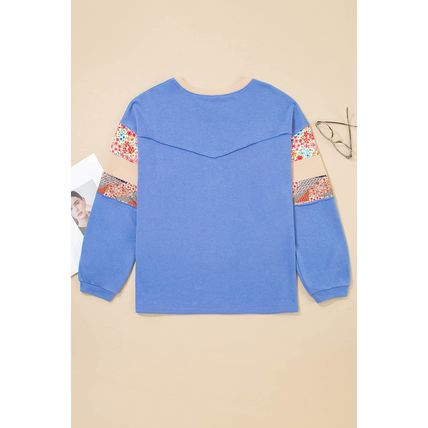 Blue Exposed Seam Floral Mixed Patchwork Relaxed Plus Size Top