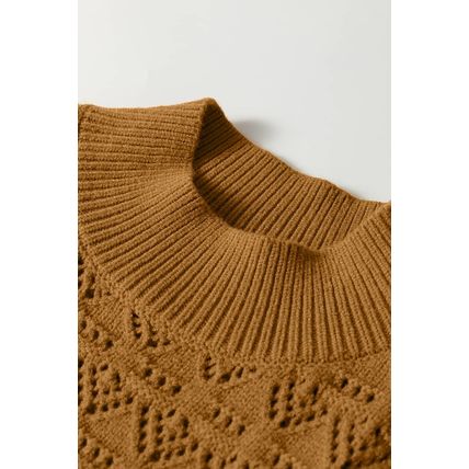 Jurassic Gold Hollow Out Crochet Ribbed Edge Balloon Sleeve Sweater