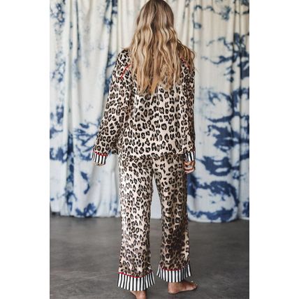 Khaki Leopard Print Colorblock Striped Edge Shirt and Pants Pajama Set