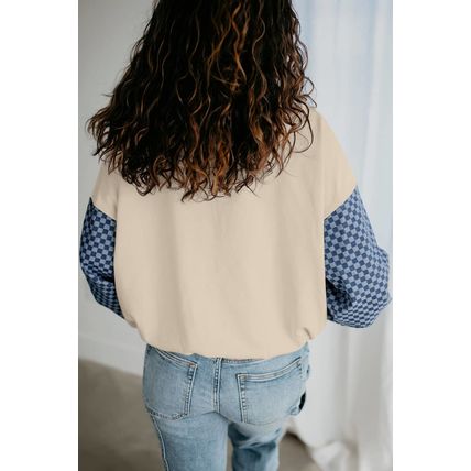 Parchment Checkered Patchwork Kangaroo Pocket Half Zipper Hoodie