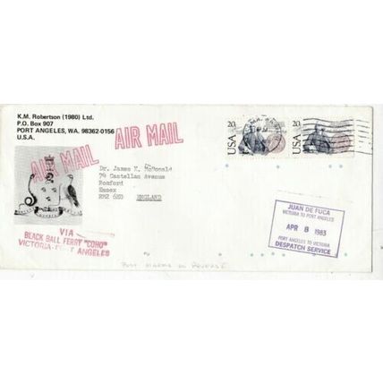 United States 1983 Port Angeles-Romford UK via Black Ball Ferry Coho Cover VGC