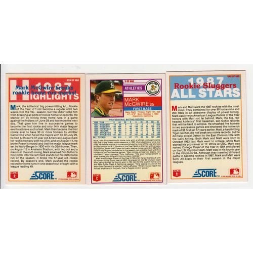 Lot of Three 1988 Score Mark McGwire baseball cards #5, #648, #659