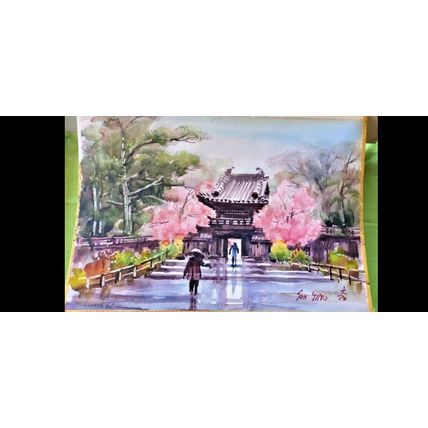 The Temple entrance By Sun Ying Watercolor Art original autograph signed