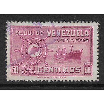 VENEZUELA 1948 50c MAUVE MERCHANT MARINE FREIGHTER SG 789 FINE USED#