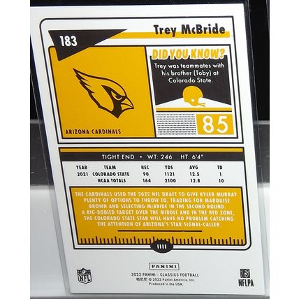 2022 Classics TREY MCBRIDE (Arizona Cardinals) Yellow Back Rookie Card #183