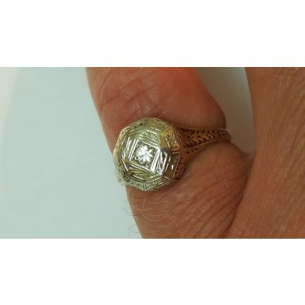 Antique Art Deco 2-Tone 14k Gold Filigree Diamond Ring,early 1900s