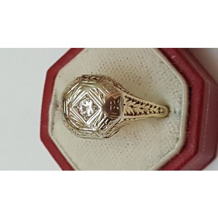 Antique Art Deco 2-Tone 14k Gold Filigree Diamond Ring,early 1900s